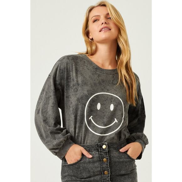 HAYDEN Sunni Smiley Face Oversized Black Wash Sweatshirt Misses Small - Picture 1 of 5